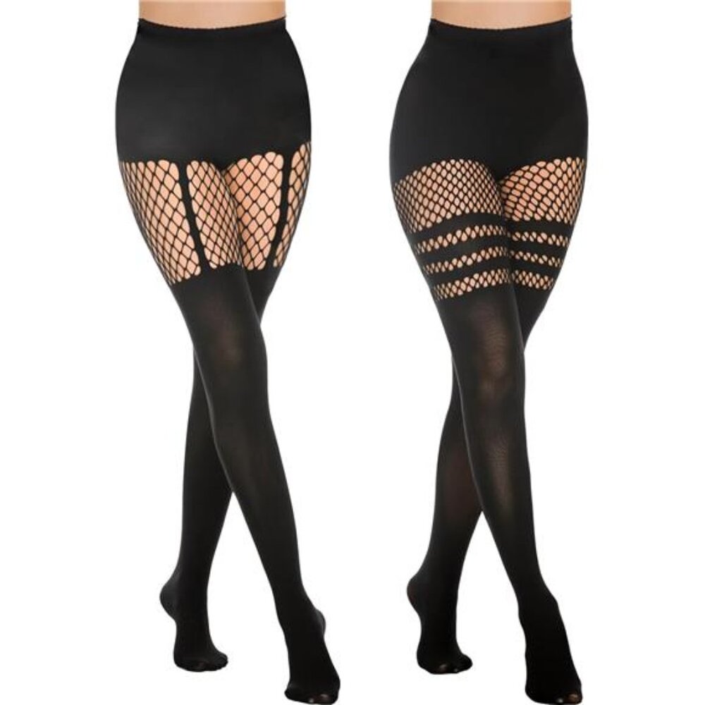 2 Faux Thigh High Tights Mock Suspender Pantyhose Striped Goth Fishnets